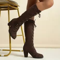 Botas Femininas Com Cadarço Frontal E Salto Grosso , Sapatos Femininos , Bota Única Casual De Alto , Outono Inverno , Ma