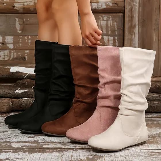 Botas Femininas De Cano Médio – De Inverno Vintage De Salto Baixo Com Bico Redondo E Zíper Lateral , Parte Superior De T