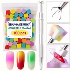 Kit Esfumado Perfeito para Unhas Aplicador em Metal + 100 Mini Esponjas Descartável Nail Art Unhas em Gel Alta Qualidade