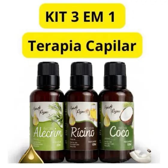 Kit Óleos Capilares Coco Rícino Alecrim Crescimento Fortalecimento Hidratação Cabelos
