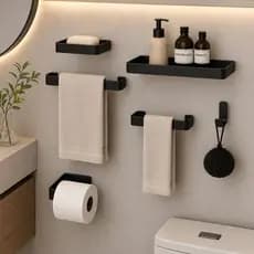 Jogo Banheiro Moderno 6 Peças de Parede - Alumínio Suporte Lavabo Luxo Cabideiro Toalheiro e Shampoo