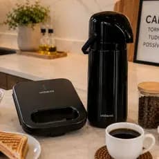 Kit Sanduicheira Grill 127V + Garrafa Térmica 1L Inox Café Chá Lanches Cozinha e Escritório Completo