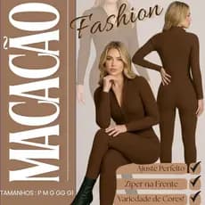 Macacão Longo Canelado 3D Justo com Zíper Manga Longa Feminino P ao G1 Elegante Casual