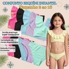 Biquíni Infantil Babado Anarruga Menina Confortável Praia Piscina Tamanho 2 ao 16 Colorido