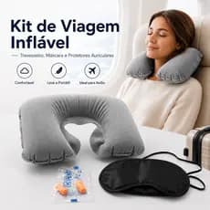 Kit Viagem Completo Almofada de Pescoço Inflável Máscara de Dormir e Protetor Auricular Conforto Total para Viagem
