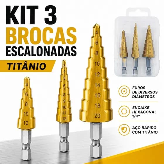 Brocas Escalonadas Titânio Kit 3 Peças HSS Hexagonal Para Aço Alumínio PVC