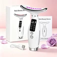 Massageador Elétrico Facial Pescoço Luz LED 7 Cores Fortalece Pele Apaga Marcas de Expressão