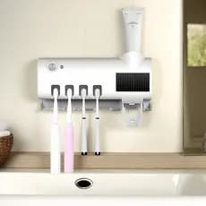 Suporte de Escova Dental Autocolante com Esterilização UV Solar e Dispenser Automático de Creme Dental