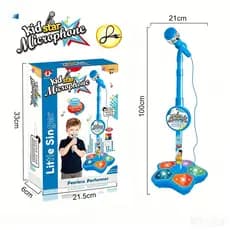 Microfone Infantil Azul Com Pedestal, Som Real e Luzes Coloridas Brinquedo Musical