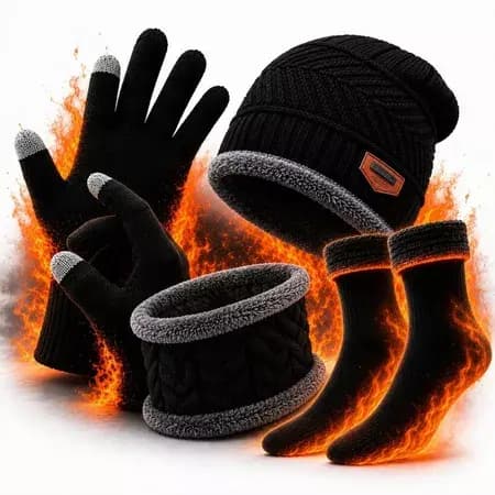 Kit 4 Inverno Touca Gorro Forrado Cachecol + Luva + Meia Térmica Quente Frio Intenso Unissex