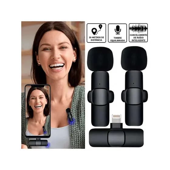 Microfone de Lapela Sem Fio K9 Tipo C iPhone Redução Ruído 1.9ms 10h Bateria para Vlog YouTube TikTok Gravação Streaming