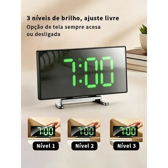 Led Relógio Digital Espelho Tela Curvada 7 Polegada De Mesa Com Temperatura Alarme Soneca Voz Ativação Usb