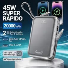 Carregador Portátil iPhone Android 20000mAh Power Bank 45W com Cabos Integrados Compacto Viagem Avião