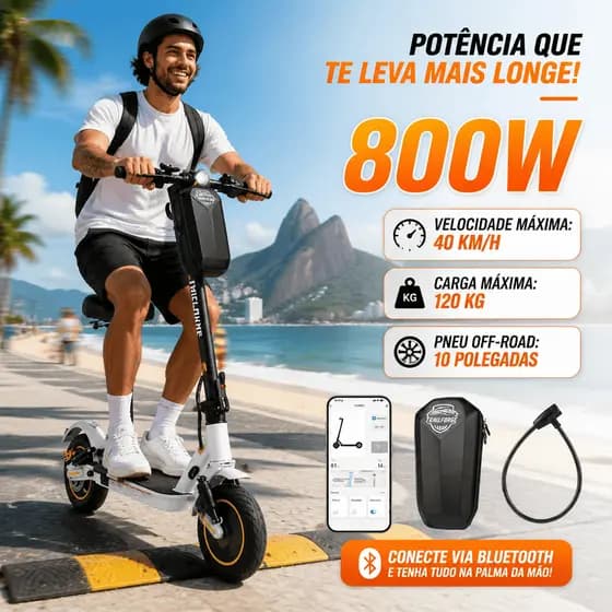 800W Patinete Elétrico Até 150kg 10.4Ah 40km/h Com Assento Amortecedor Pneus 10"  Scooter Elétrico para Adultos