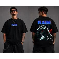 Camiseta Oversized Preta 100% Algodão Suedine Rain Godzilla 8 Bit Streetwear