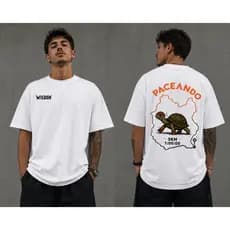 Camiseta Branca Algodão Oversized Wisdom Paceando Tartaruga Academia Confortável Unissex