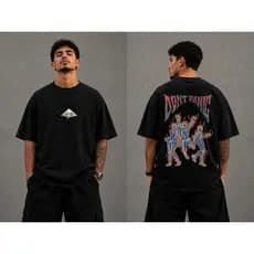 Camiseta Oversized Preta 100% Algodão Suedine Rain Don’t Panic Premium