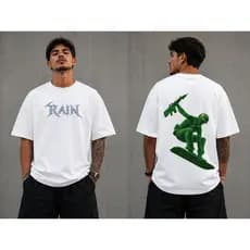 Camiseta Oversized Branca 100% Algodão Suedine Rain Army Confortável Premium