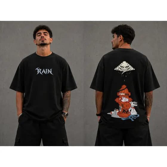 Camiseta Oversized Preta 100% Algodão Suedine Rain Urban Fire Premium