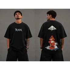Camiseta Oversized Preta 100% Algodão Suedine Rain Urban Fire Premium
