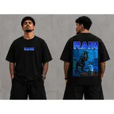 Camiseta Oversized Preta 100% Algodão Suedine Rain Jurassic Night Premium