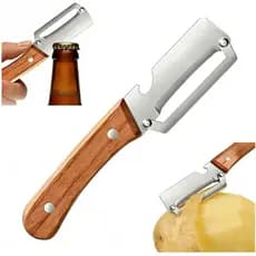 Descascador de Legumes Premium com Cabo de Madeira e Abridor de Garrafas 2 em 1, Utensílio de Cozinha em Aço Inoxidável