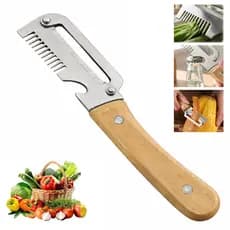 Descascador de Cozinha Multifuncional 3 em 1 com Cabo de Madeira e Abridor de Garrafas, Utensílio de Cozinha Profissiona