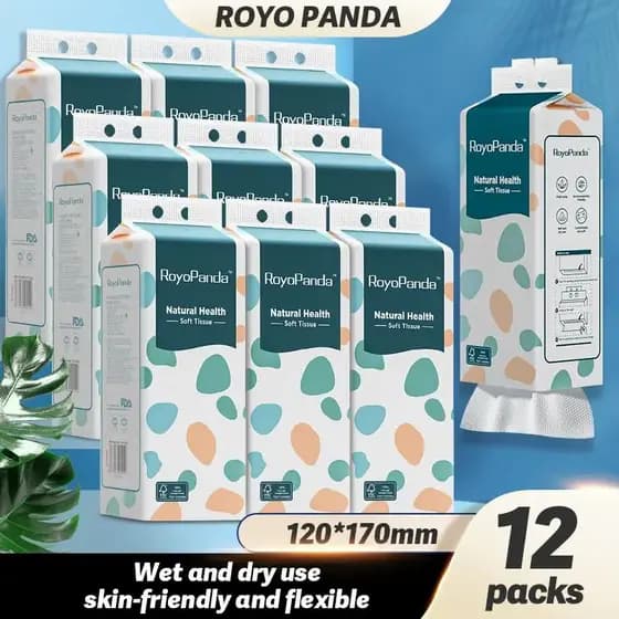[12 Pacotes] ROYOPANDA LENÇÓIS FACIAIS SUSPENSOS - 120x170mm, Almofada de Ar 4D, Uso Úmido/Seco, Amigo da Pele, Sem Frag