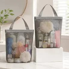 Bolsa de Armazenamento em Malha com Alça, Organizador Respirável para Cosméticos e Artigos de Higiene, Bolsa de Viagem L