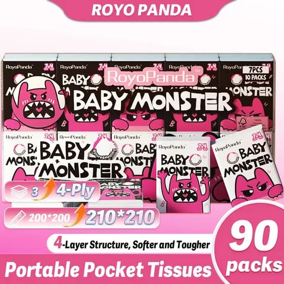 [90 Unidades] Lenços de Papel de Bolso Mini RoyoPanda 4 Camadas 210x210mm |   Extra macio e sem perfume |   Seguro para