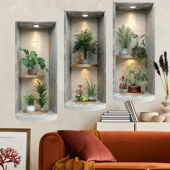 O papel de parede verde com padrão de plantas em 3 peças oferece um efeito bidimensional e é adequado para decoração de