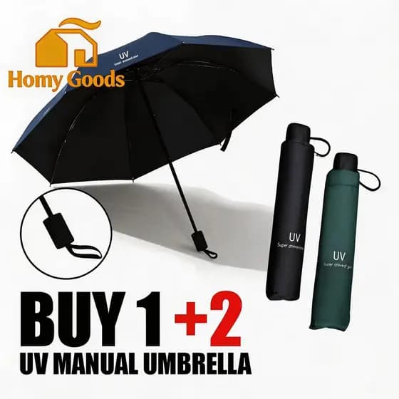 Compre 1 Leve 2 Guarda-chuva Dobrável UV Preto com Suporte Traseiro Operado Manualmente em Aço