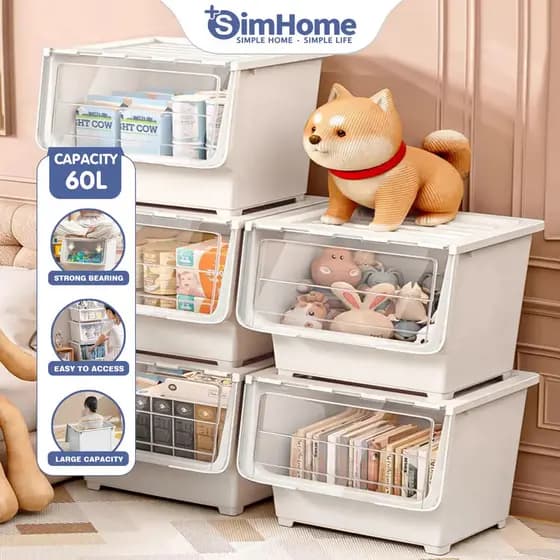 SimHome Caixa de Armazenamento Multifuncional com Abertura Frontal 30L/48L/60L, Empilhável, para Brinquedos, Lanches e U
