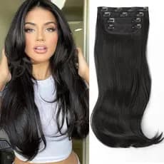 Extensões de Cabelo com Clip FREEMEIGE para Mulheres, 20 Polegadas, Pretas, Longas e em Camadas, Sintéticas, Resistentes