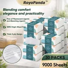 [30 UNIDADES] ROYO PANDA Lenços Faciais de Algodão e Bambu 5 Camadas - Macios e Espessos, 300 Folhas/Pacote, Multiuso (C