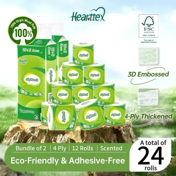 [Pacote de 2/3/5] Papel Higiênico Hearttex Soft de 4 Camadas, Descartável no Vaso Sanitário, 12 Rolos/pacote, Macio e Es