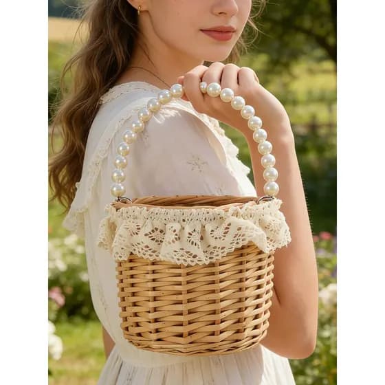 bolsa feminina bolsa transversal feminino Pérola renda gaze saia palha redonda balde cesta portátil feminino pequeno sac