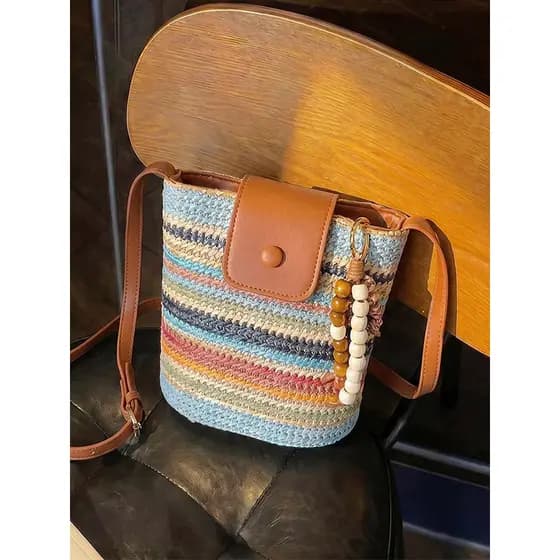 Bolsa bolsa feminina Contraste cor listrado tecido pequeno saco feminino 2026 novo estilo moda balde saco do mensageiro