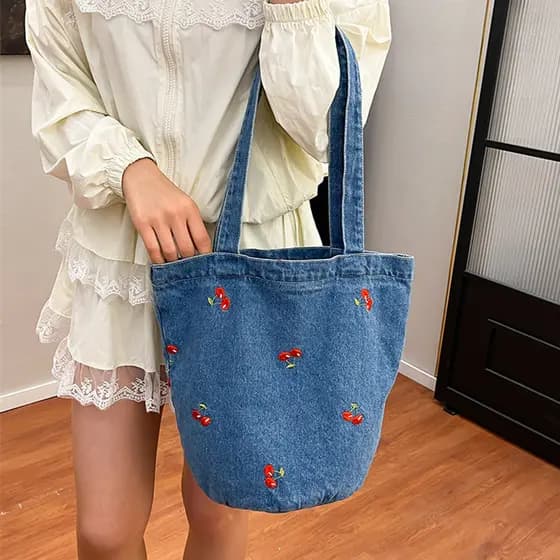 bolsa transversal feminino Bolsa Original bordado cereja Denim saco feminino grande capacidade sacola de pano estudante