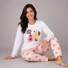 Pijama Feminino Longo Estampado Personagem Malha Conjunto de Inverno Roupa de Dormir Manga Longa
