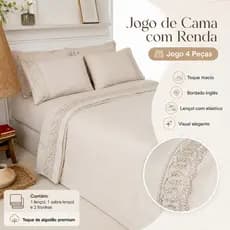 Jogo de Cama 4 Peças Com Renda Lençol, Sobre Lençol e 2 Fronhas 300 Fios Casal, Queen, King