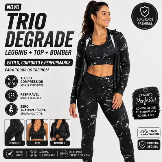 KIT TRIO MARMORIZADO TAY DAY LEGGING TOP BOMBER CONJUNTO ACADEMIA FITNESS