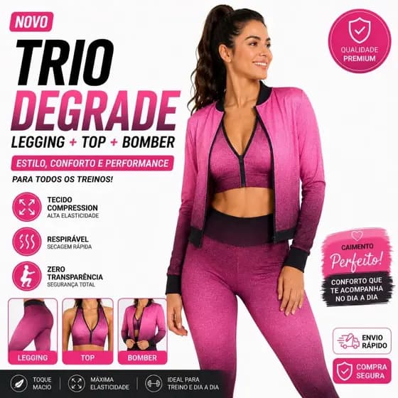 CONJUNTO TRIO KIT DEGRADE LEGGING TOP BOMBER CONJUNTO ACADEMIA FITNESS INVERNO