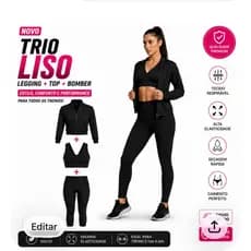 kit Conjunto Trio Liso, Fitness Feminino com Casaco Jaqueta Calça Legging e Top com Bojo Removível Inverno