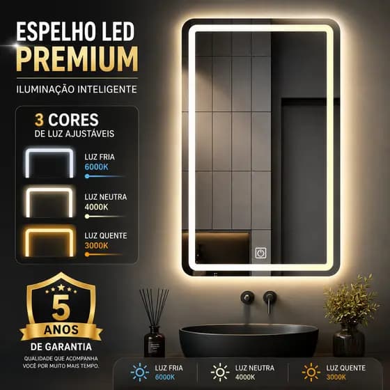 Espelho LED Retangular/espelho com led redondo Com 3 cores Led Decorativo Moderno Banheiro Quarto