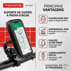 suporte para moto MTG-016M | IPX7, USB 2A e Rotação 360° | Até 6.7 Polegadas