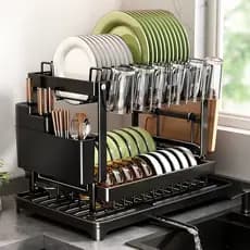 Escorredor Organizador de Louças Preto Aço Inoxidável, Rack Suspensa para Cozinha, Estante Dupla