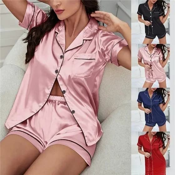 Conjuntos De Pijama De Seda Manga Curta Duas Peças Com Botões Plus Size M-2XL 010 ll nnn 6GJ3 FOPN