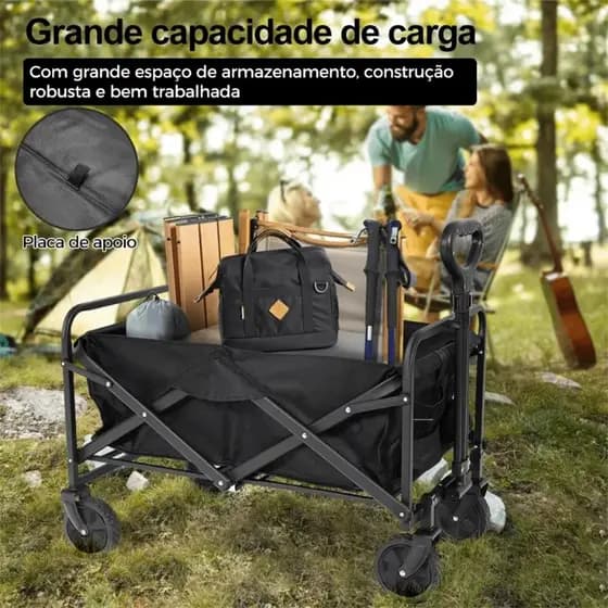 Carrinho Multiuso Dobrável Portátil Preto Para Carga Camping Pesca Compras