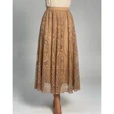 Saia Midi de Renda Rodada Feminina Cós Elástico Forrada Elegante Moda Casual Veste P ao GG